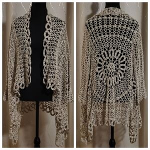 Boston Proper Boho Crochet Knit Mandala Back Open Cardigan Medium